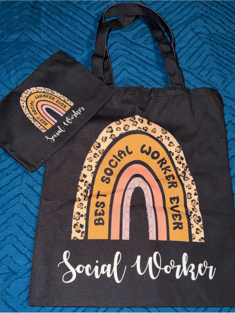 Black Tote Bag with Peach Rainbow 'Social Worker' Design